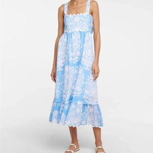 Juliet Dunn Palladio Print MIDI Dress Cornflower Blue Tie Back NWT